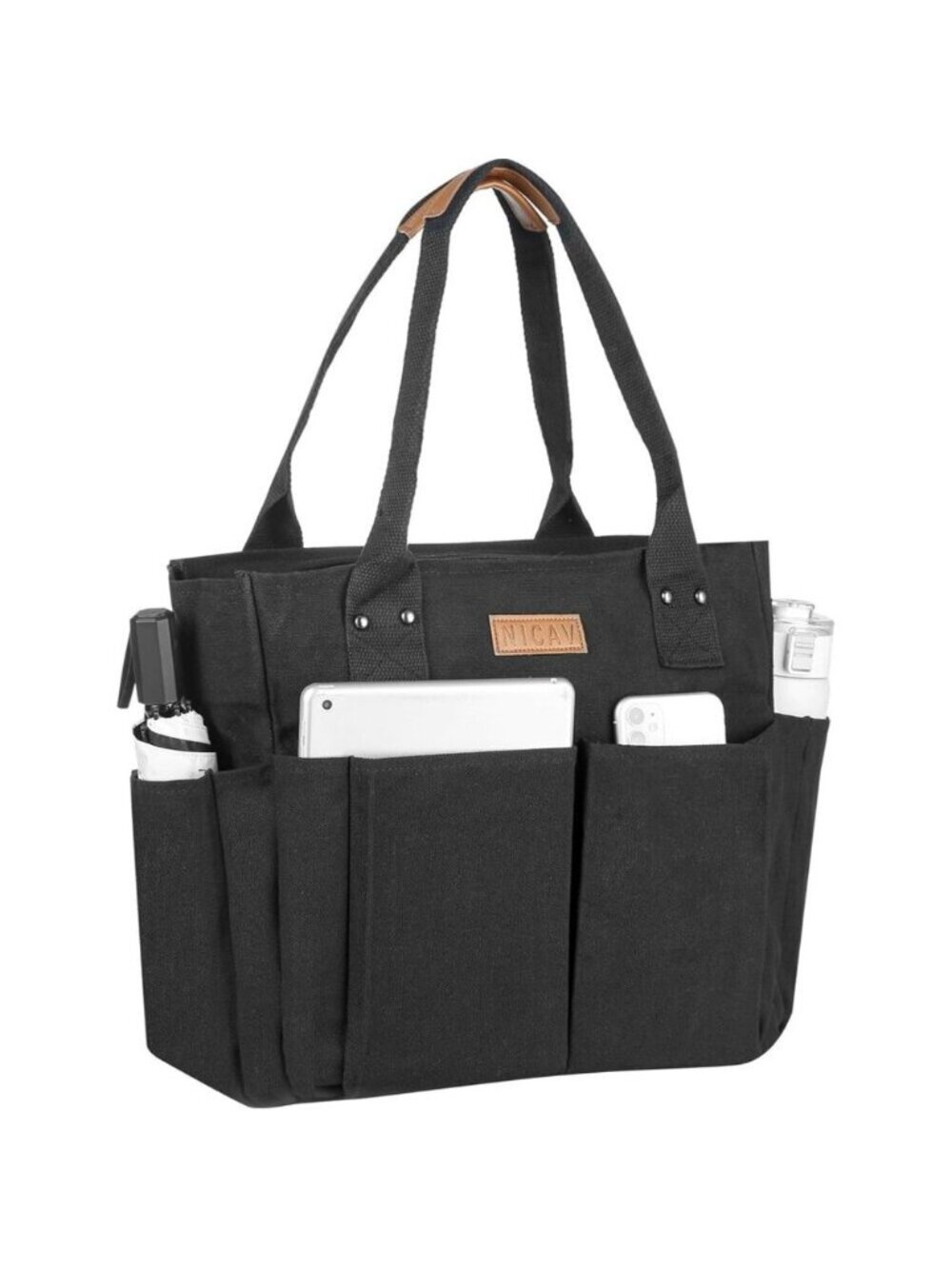 Women's Black 3 Tote Bags Large Utility Bags with Pockets Zip for Teacher Work
